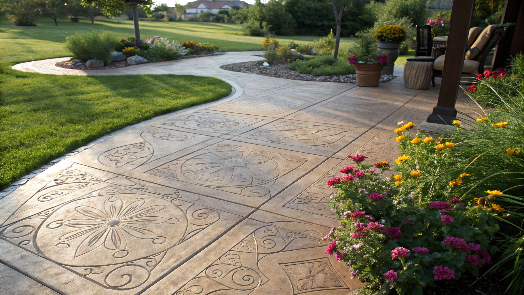 Decorative stamped concrete installation supervised by Castanon Concrete Designs