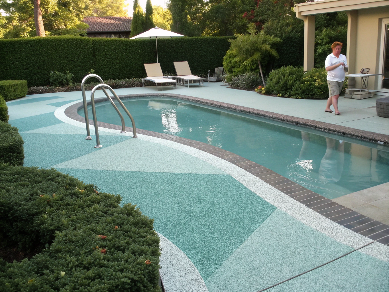 Textured slip-resistant concrete deck surrounding in-ground pool