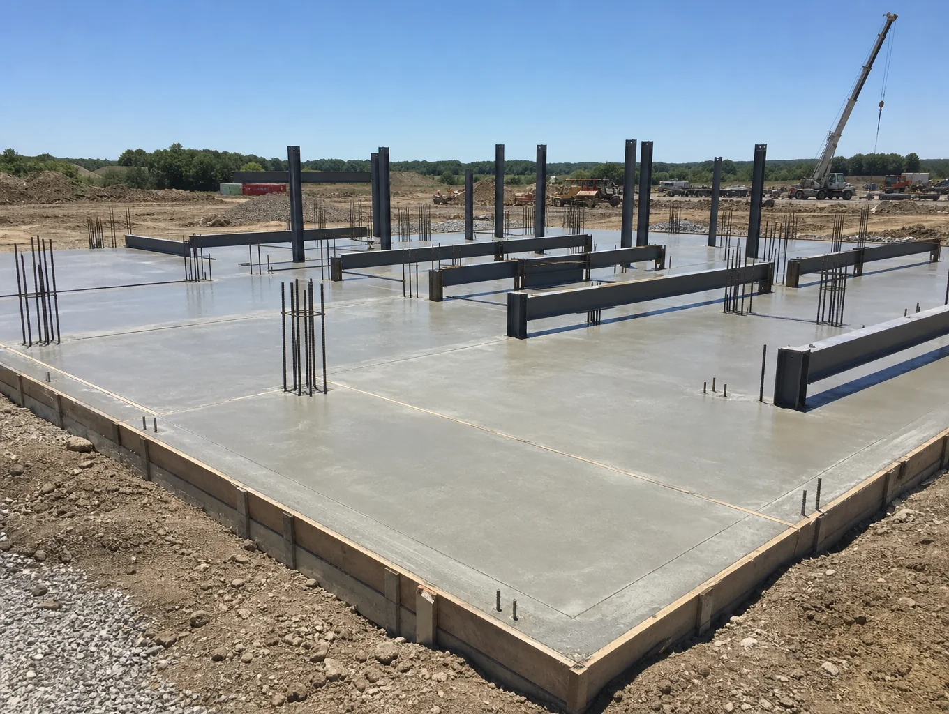 Heavy-duty level concrete foundation slab with steel rebar framing