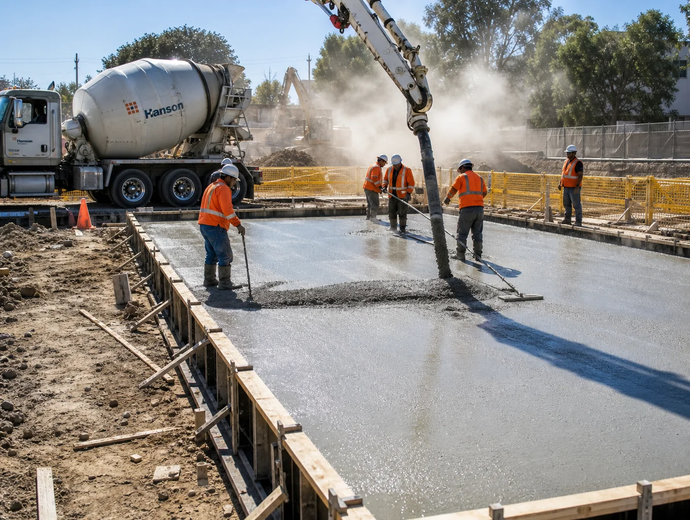 Reinforced concrete slab foundation pour
