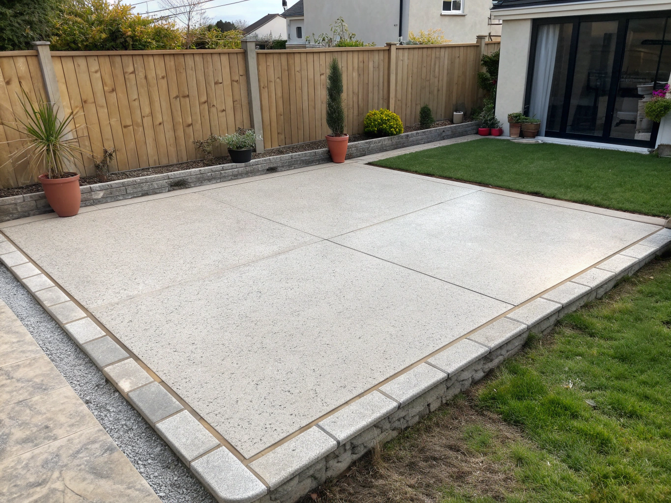 Clean broom-finished concrete backyard patio installation