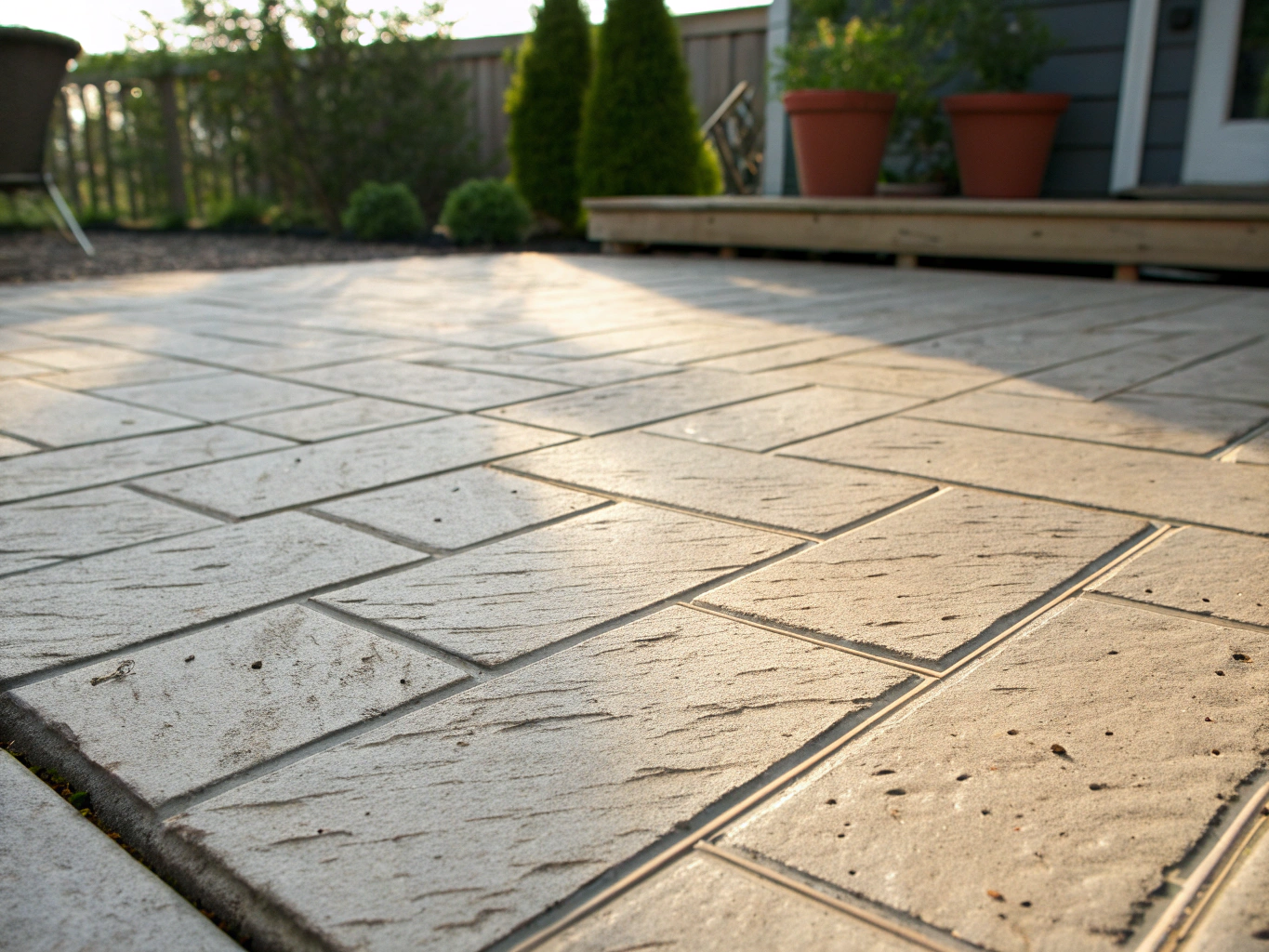 Decorative stamped concrete patio featuring stone pattern finish