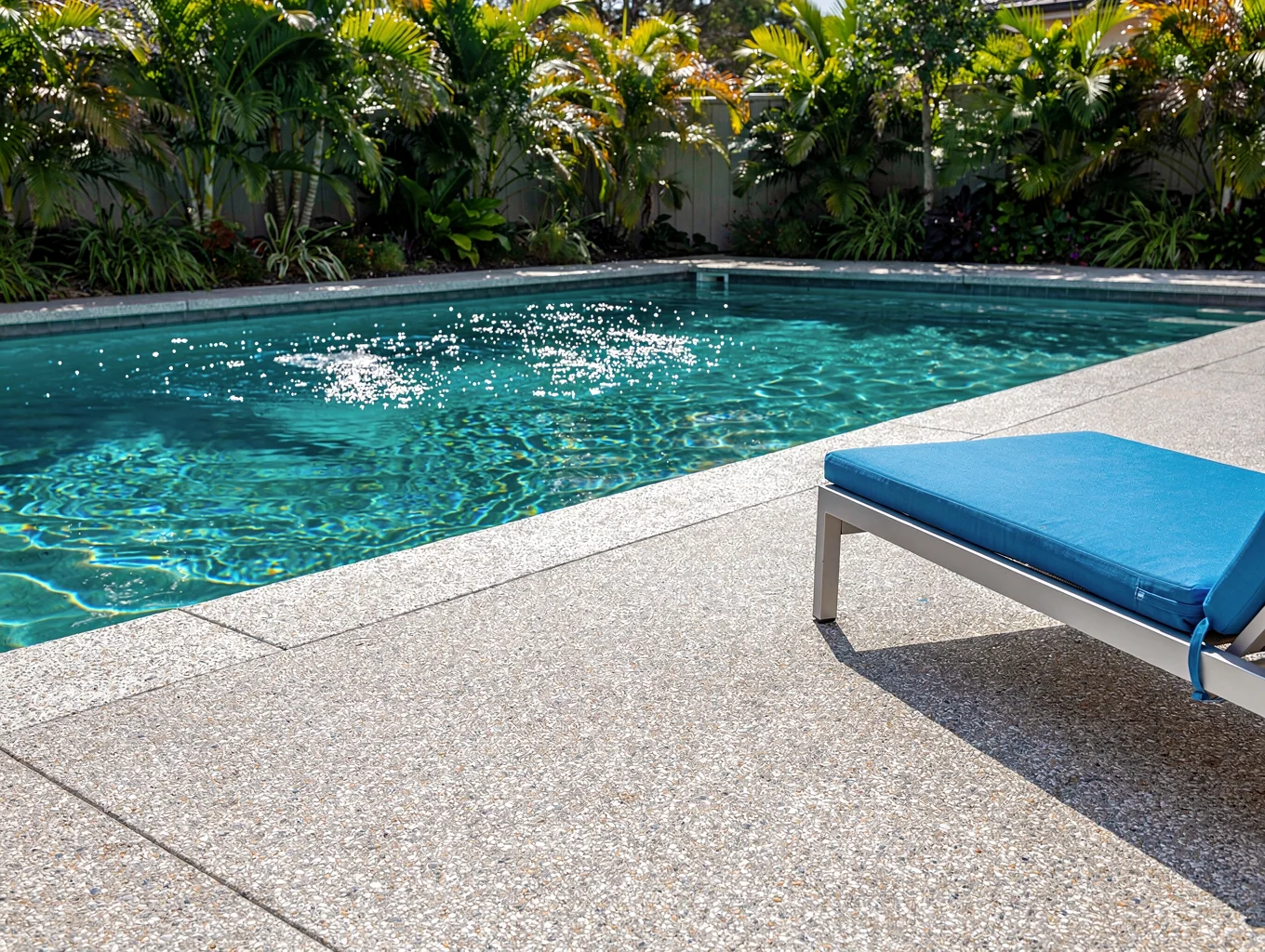 Textured concrete deck surrounding a residential swimming pool