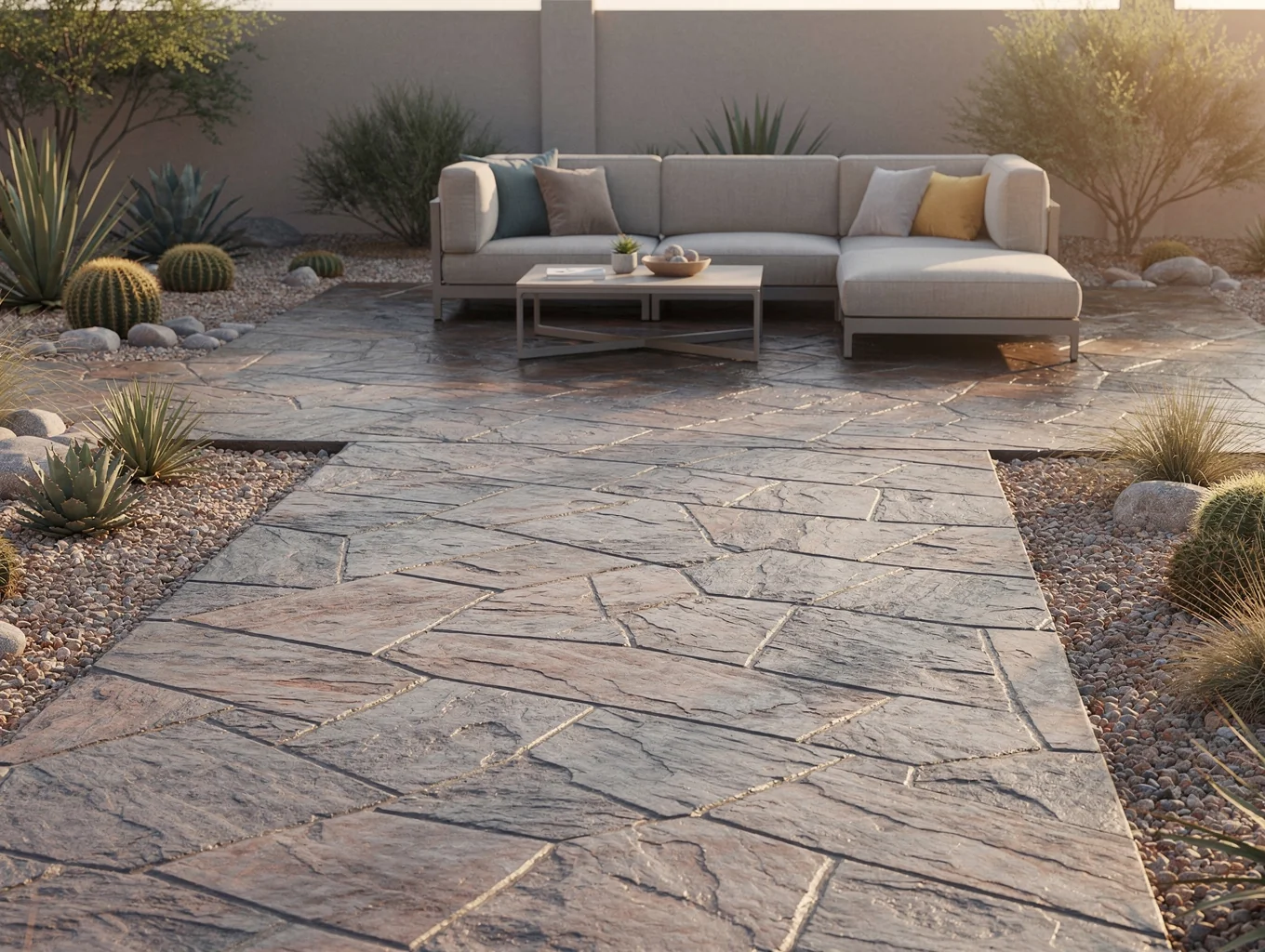 Stamped decorative concrete patio with stone pattern